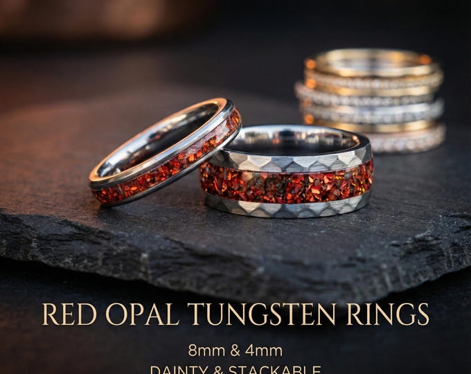 Hammered Silver Tungsten Ring Ruby Wedding Band, Matching couple rings, Ruby Ring, Handmade Jewelry, Wedding Rings | Decazi