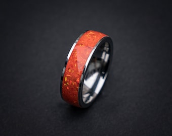Handmade Mood changing ring, Thermochromic ring, Mexican fire opal, Tungsten carbide, orange opal, Tungsten mood ring, valentines day gift.