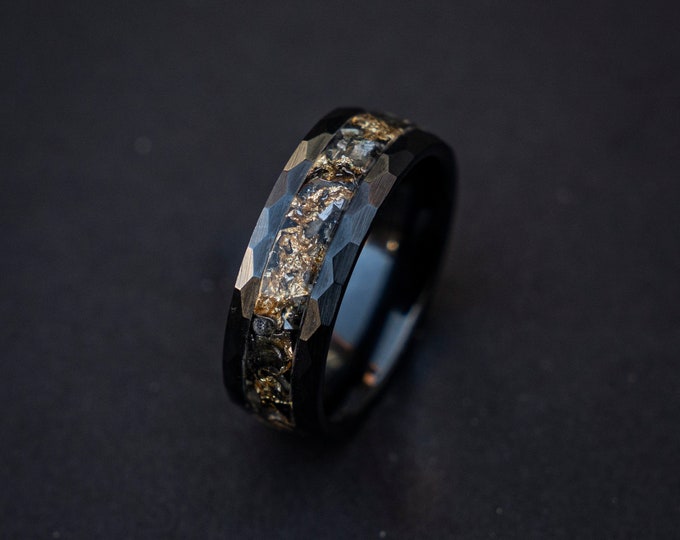 Goldleaf meteorite ring, mens wedding band, faceted goldleaf ring, Mens meteorite ring, black ceramic, valentines day, gift for him, unique.