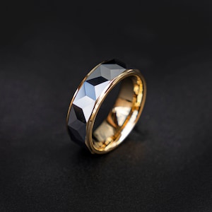 Faceted Silver & Gold Tungsten Ring with gold polished Edges - Silver/gold Wedding Band - Mens Womens Engagement, Promise Ring | Decazi