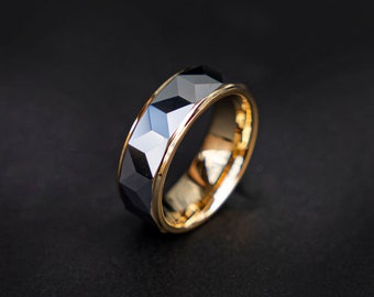 Faceted Silver & Gold Tungsten Ring with gold polished Edges - Silver/gold Wedding Band - Mens Womens Engagement, Promise Ring | Decazi