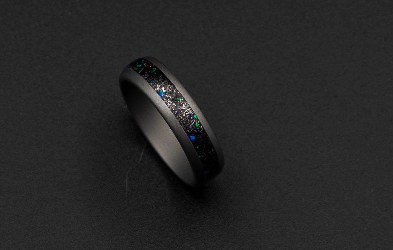 mens meteorite wedding band, galaxy opal ring, red opal