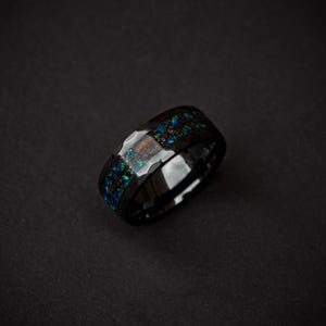 T-rex Dinosaur Bone Opal Meteorite Engagement Black Ceramic Hammered Ring, Meteorite ring, Unique mens ring, Mens wedding band, Black Ring