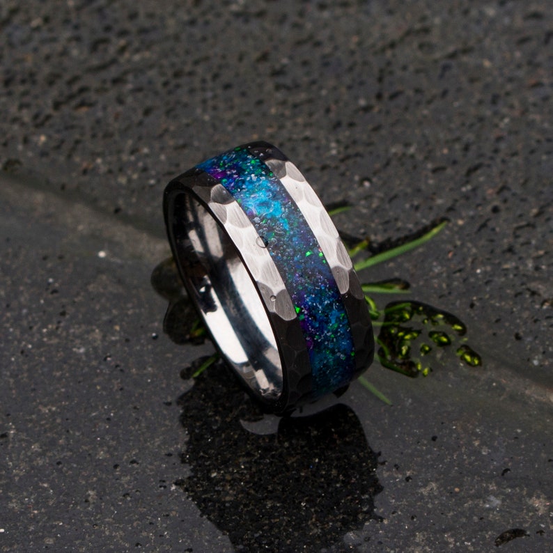 Mens opal ring. Galaxy opal. Tungsten ring for men
