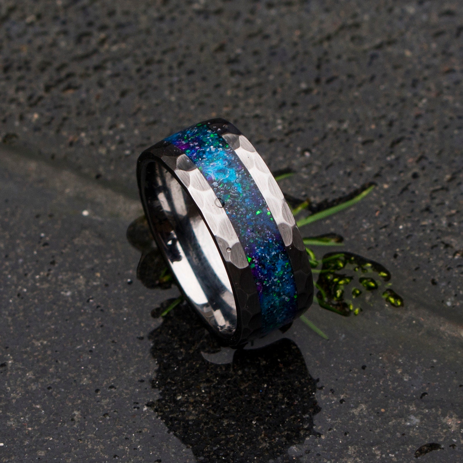 mens opal ring. Galaxy opal. Tungsten ring for men. meteorite opal ring