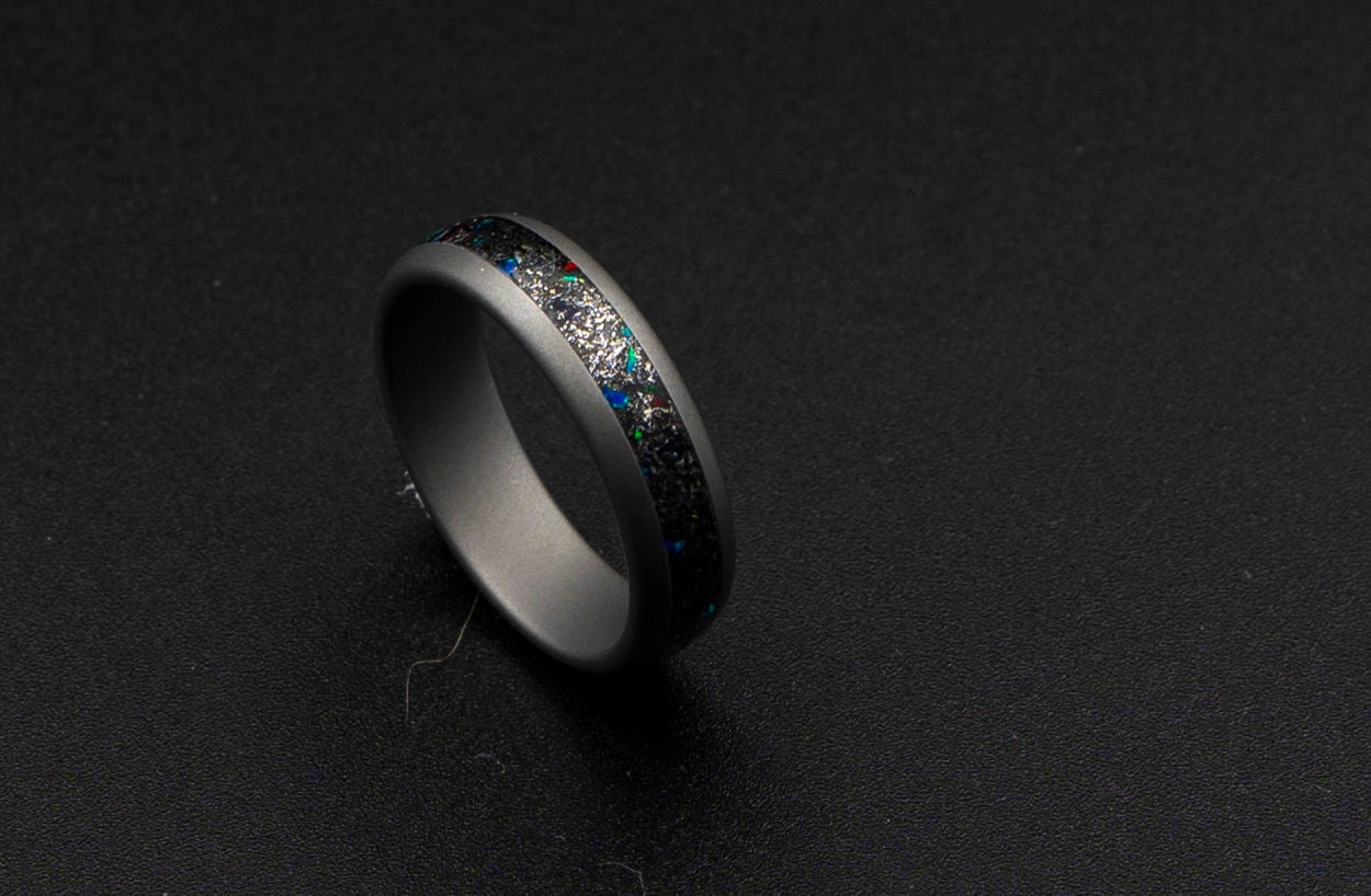 mens meteorite wedding band, galaxy opal ring, red opal