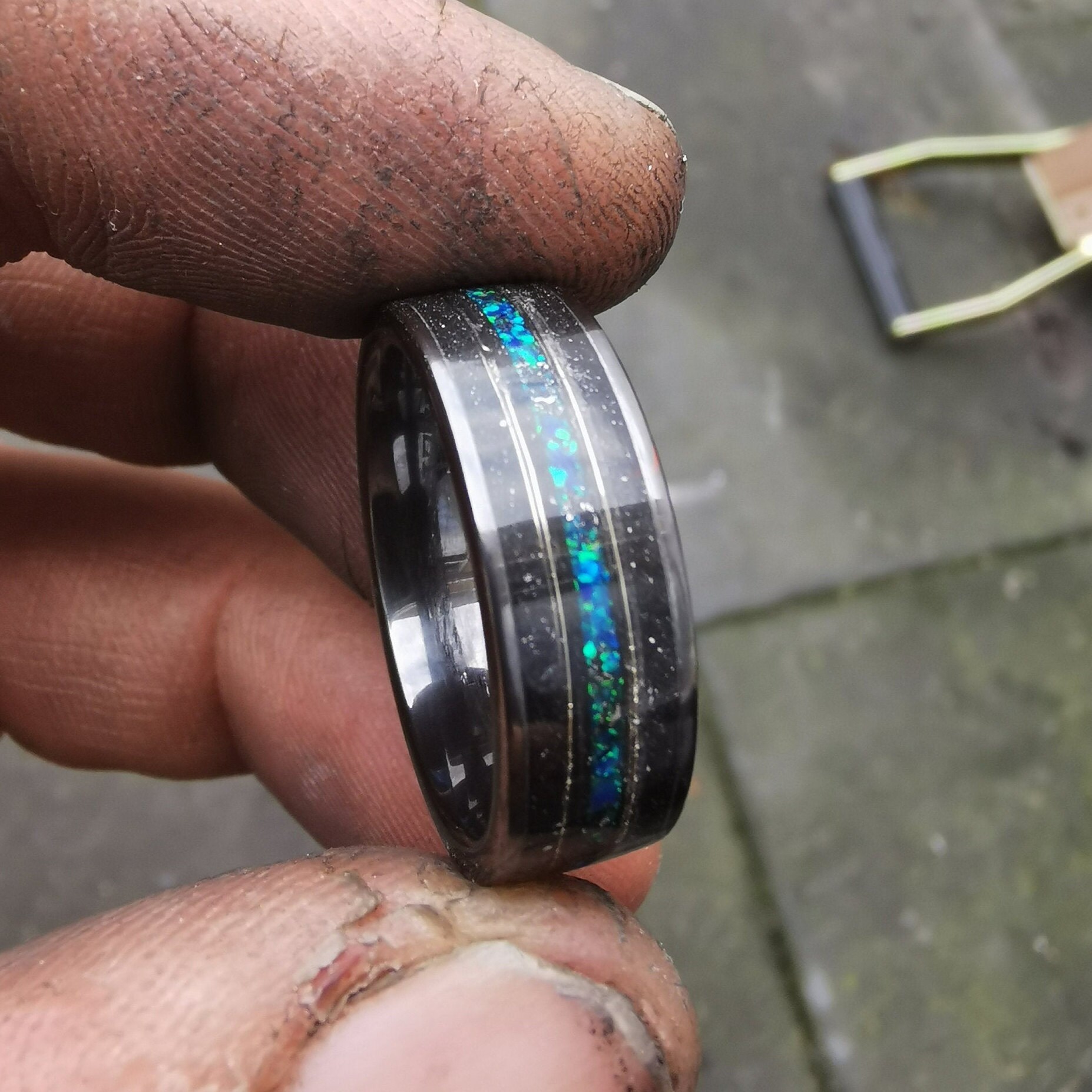 blue opal, Black ceramic ring, Gold wire, opal ring, mens wedding band