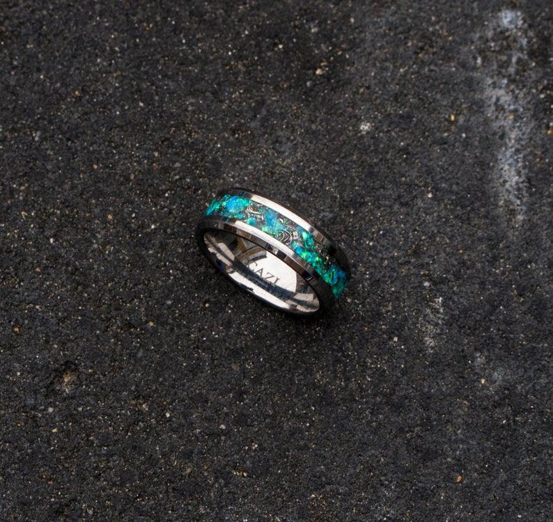 mens tungsten ring. mens opal ring. Tungsten rings. meteorite opal ring. unique opal ring. unique tungsten ring image 4