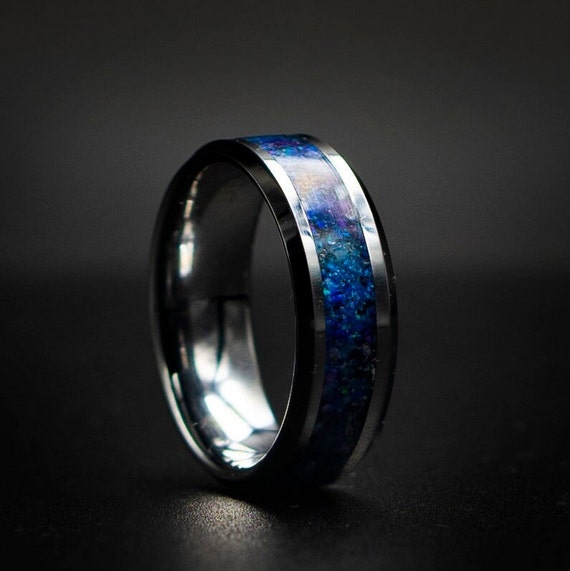Glow in the Dark Smooth Tungsten Opal Inlay Wedding Band Unique