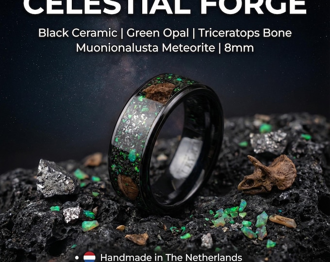 Triceratops Dinosaur Bone Ring – Men's Tungsten Wedding Band with Real Fossil Inlay | Green opal ring with meteorite | Decazi |
