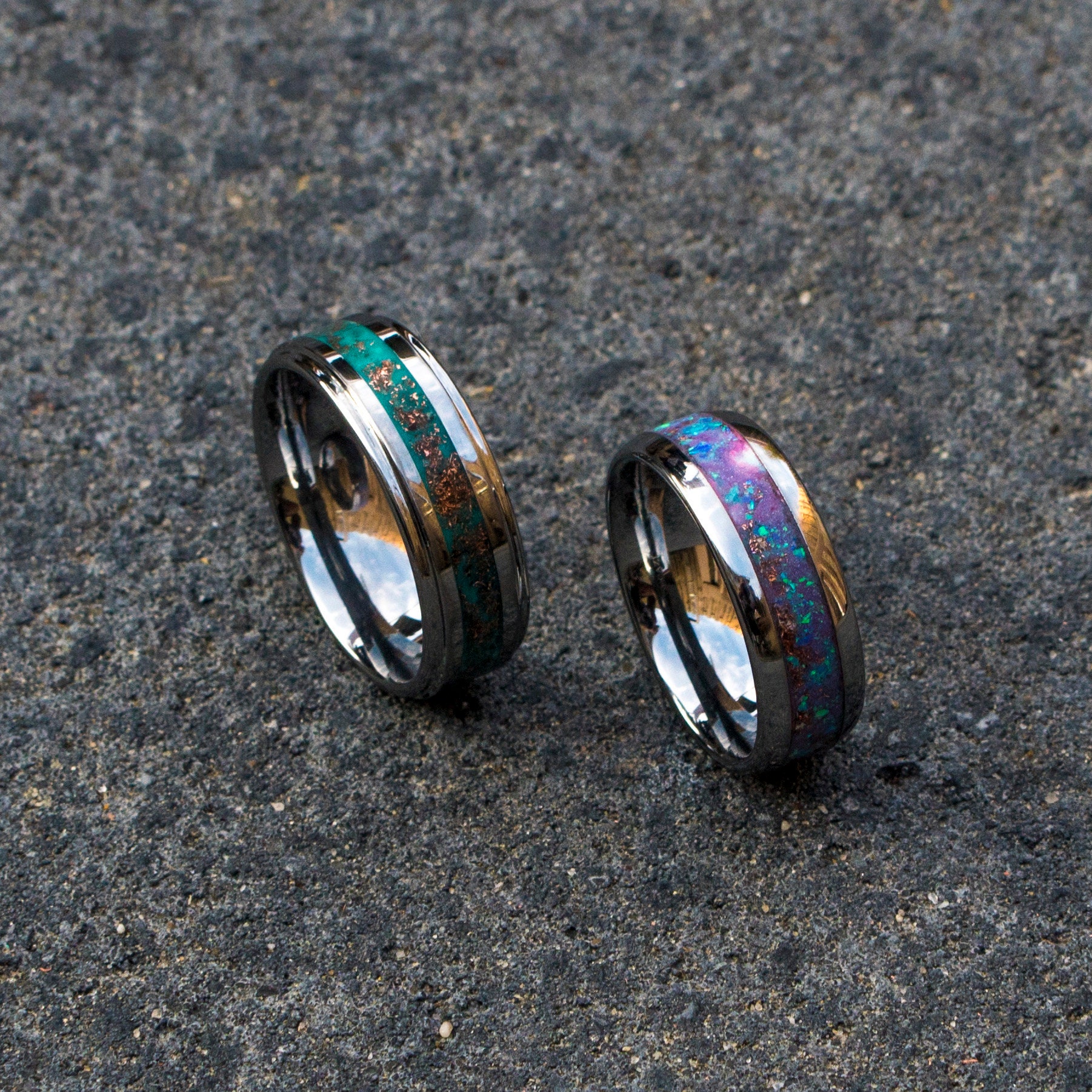 mens opal ring. glow opal. Tungsten ring for men. copper opal ring