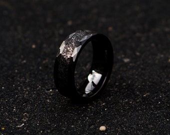 Black Ceramicring. Meteorite ring. mens wedding band. opal ring. wedding gift. tungsten ring. personalized ring. Galaxy Opal. man opal ring.