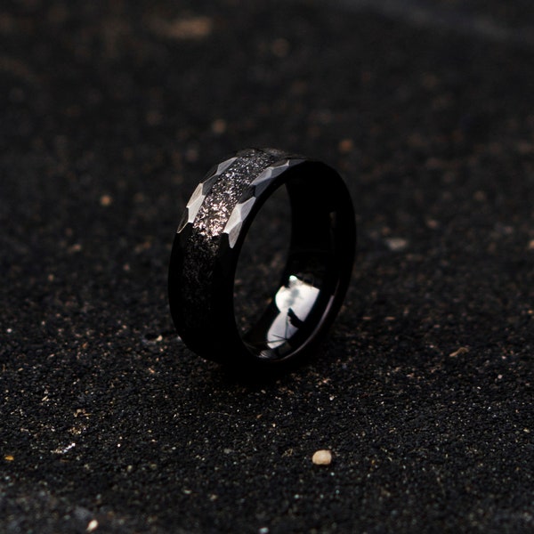 Black Ceramicring. Meteorite ring. mens wedding band. opal ring. wedding gift. tungsten ring. personalized ring. Galaxy Opal. man opal ring.