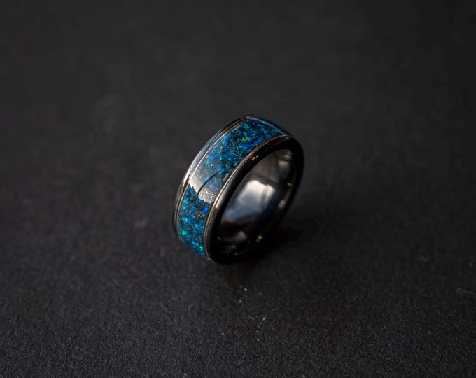Black Ceramic Ring with Blue Galaxy Opal & Dual 18K Gold Wires | 8mm Elegant Wedding or Anniversary Band | Decazi |