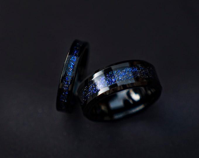 his and hers rings, Black tungsten Galaxy opal ring set , mens wedding band, tungsten ring set, unique, 2 tone, cool mens ring. female