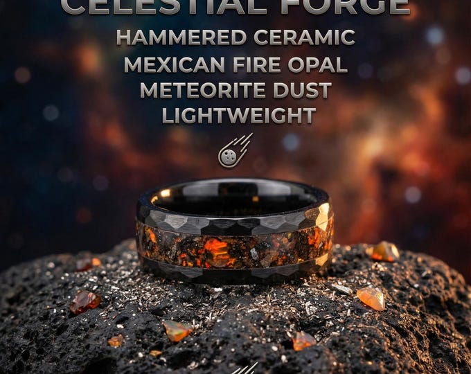 Velociraptor Dinosaur Bone and Mexican Fire Opal Ring – Mens Ceramic Hammered Band with Real Fossil & Meteorite Inlay, Unique WeddingBand
