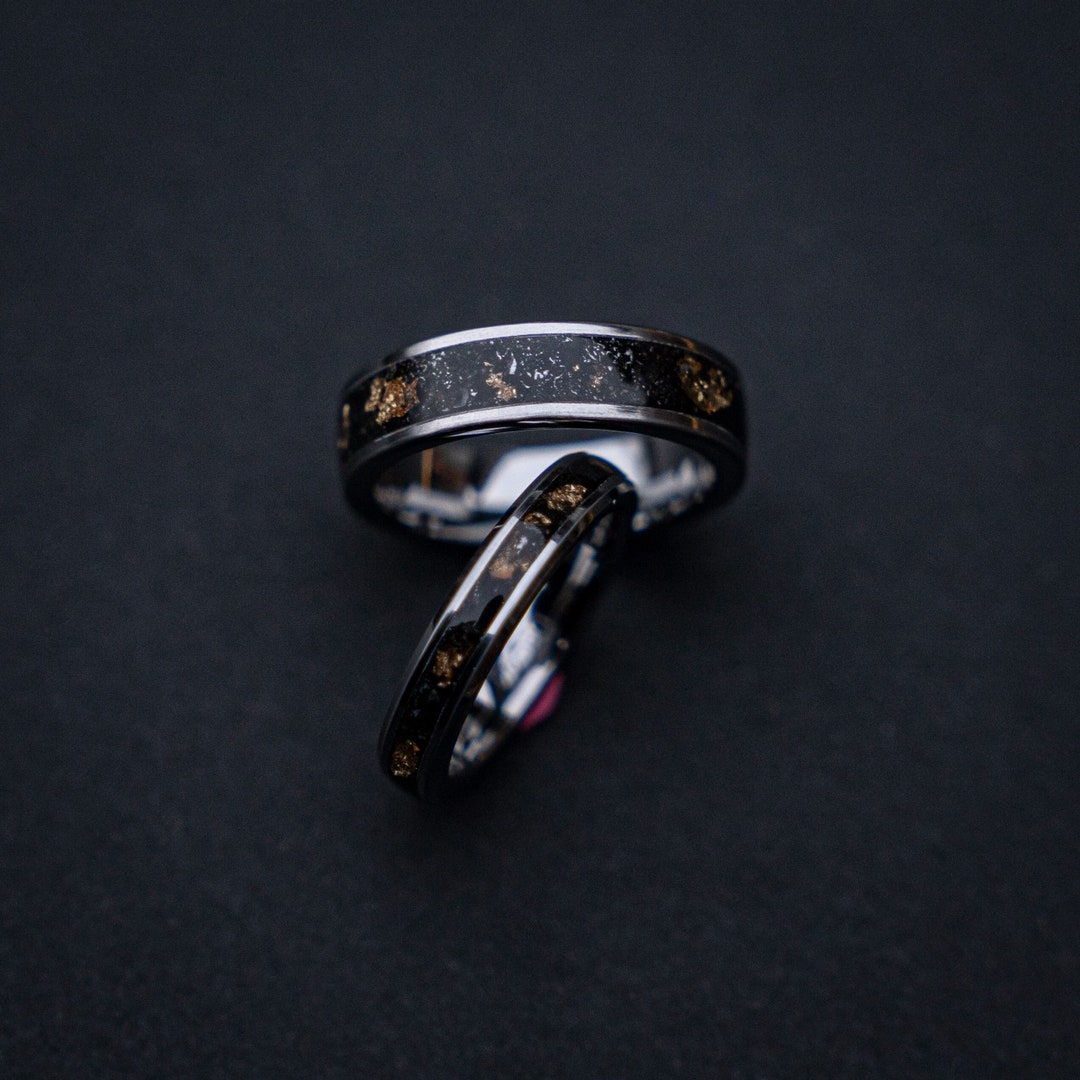 Meteorite Dust Gold Leaf Wedding Ring Set, Couples Rings, Wedding