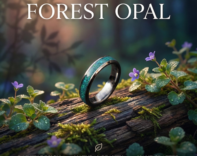 4mm Skinny Tungsten Opal Wedding Band | Minimalist Gemstone Ring for Men & Women | Stackable Blue Opal Ring