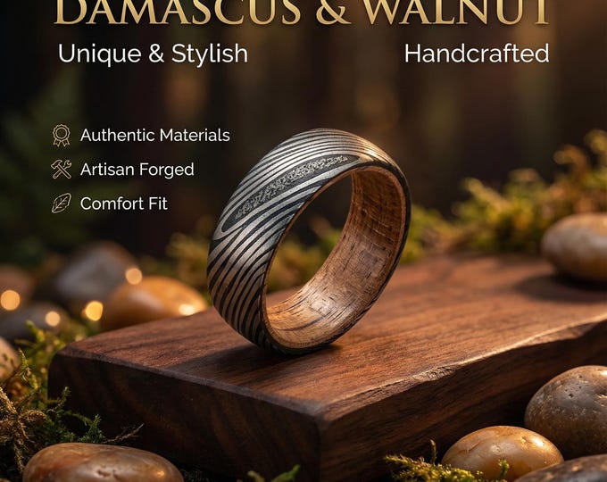 Black tungsten ring with damascus pattern and whiskey barrel, mens wedding band, handmade wedding band, mens engagement rings | Decazi