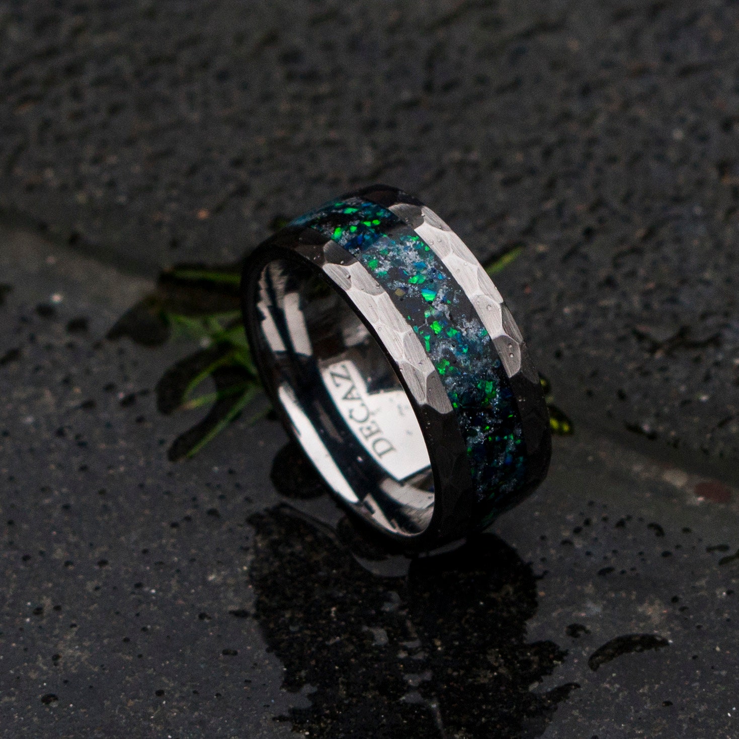 mens opal ring. Galaxy opal. Tungsten ring for men. meteorite opal ring. Hammered. wedding band