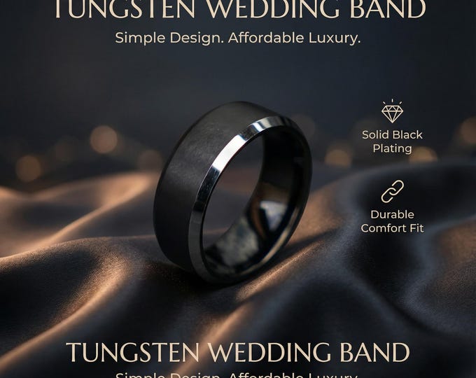 8mm Mens Black brushed Tungsten Ring with Silver polished Edges, 8mm Wedding Band, Womens Engagement, Promise Ring, Mens Black Ring | Decazi