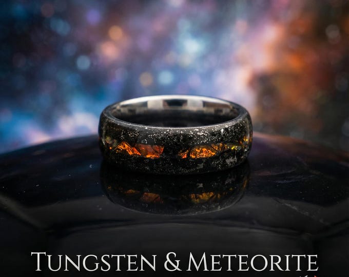 Couples rings with Muonionalusta meteorite shavings tungsten ring with Dichrolam galaxy inlay, mens wedding band, meteorite ring.