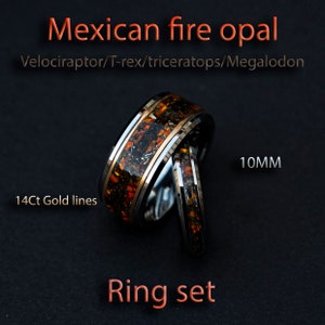 10mm Dinosaur bone wedding ring set with Mexican fire opal and meteorite shavings, Best friend rings, couple ring set, couples ring | Decazi