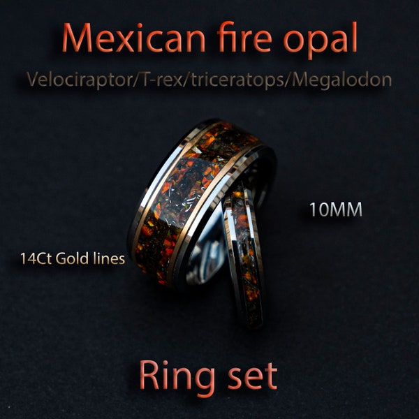 10mm Ensemble de mariage en os de dinosaure avec copeaux mexicains d’opale de feu et de météorite, bagues de meilleur ami, ensemble de bague de couple, bague de couple | Decazi