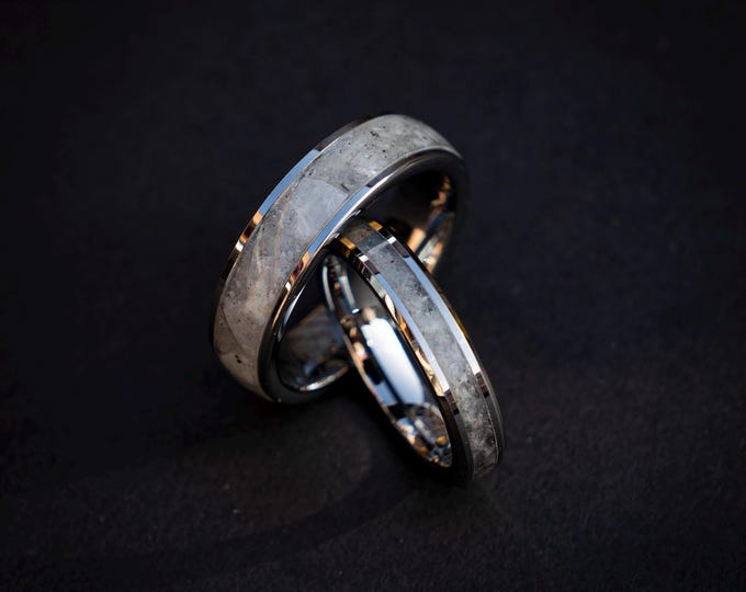 Silver Tungsten Ring Set with Rainbow Moonstone Inlay, Spiritual Healing Wedding Bands, Engravable Promise Ring Set, Sizes 4-13