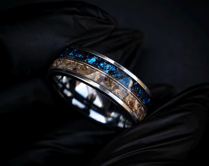 Silver Tungsten Galaxy Opal and Moonstone Ring with 18K Gold Wire | Dinosaur Bone & Gold Leaf Inlay | Unique Wedding Band or Ring Set