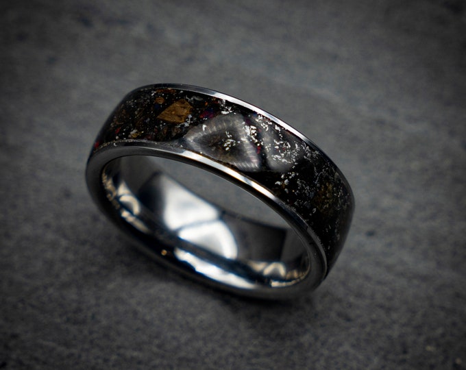 Mens Dinosaur Bone Wedding Band with Velociraptor & black opal.