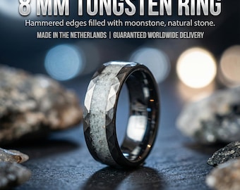 Moonstone Tungsten Ring, Moon ring, Rainbow moonstone, Gemstone ring, Men's Wedding Band, Tungsten Band