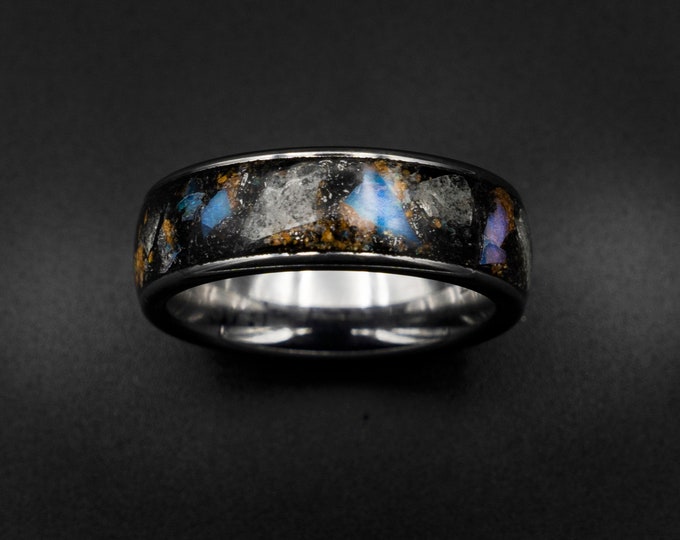 glow Stone ring, Genuine opal, australian opal ring, meteorite dust, mens ring, galaxy opal, mens wedding band, tungsten, raw gemstone.