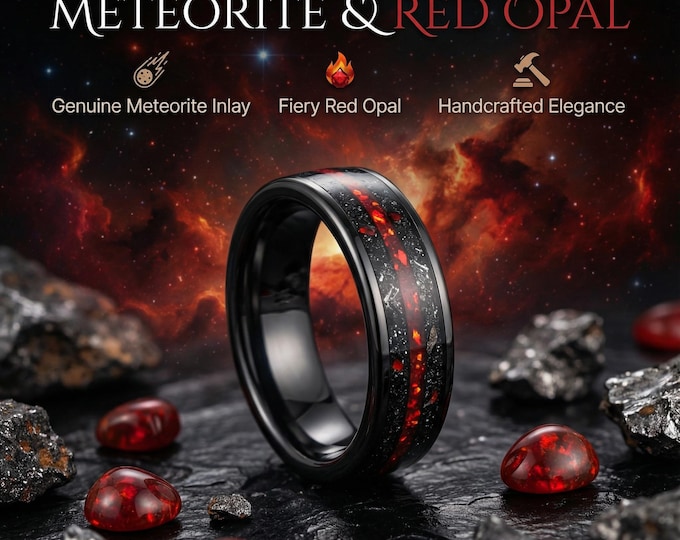 Handmade Tungsten Ring with Red Opal & Meteorite | 6mm Mens Engagement Band, Black Wedding Ring