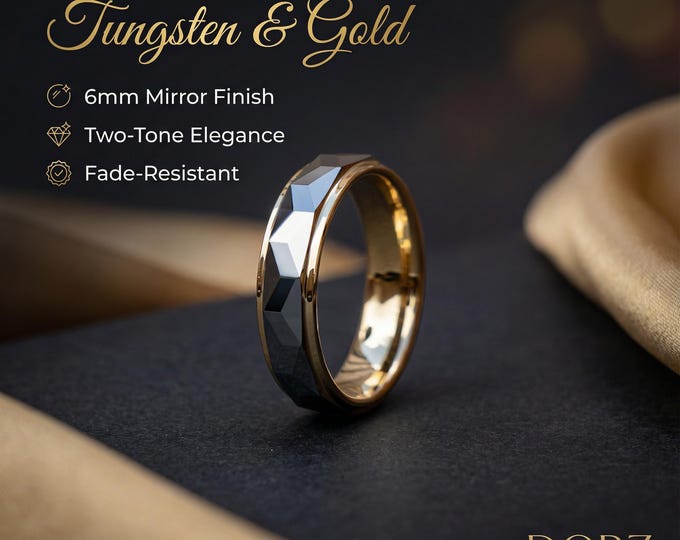 Faceted Silver & Gold Tungsten Ring with gold polished Edges - Silver/gold Wedding Band - Mens Womens Engagement, Promise Ring 6mm | Decazi