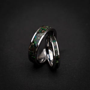 dinosaur fossil ring set, tungsten wedding band set, dark green opal ring, meteorite wedding band, glow inlay ring, unique couples ring set, engraved wedding rings, fossil gemstone ring, cosmic wedding band