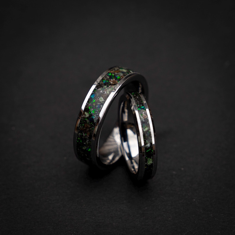 dinosaur fossil ring set, tungsten wedding band set, dark green opal ring, meteorite wedding band, glow inlay ring, unique couples ring set, engraved wedding rings, fossil gemstone ring, cosmic wedding band