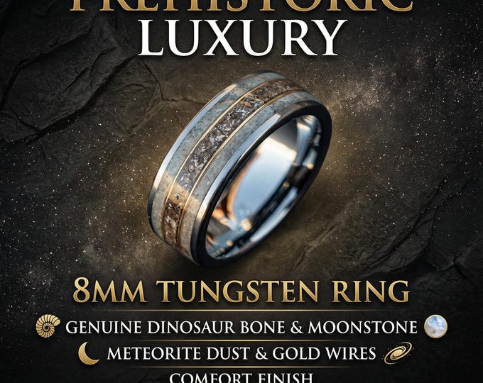 Trex Dinosaur Bone Moonstone Tungsten Ring, moon ring, Rainbow moonstone, Gemstone ring, Glow In The Dark, Men's Wedding Band, Tungsten Band