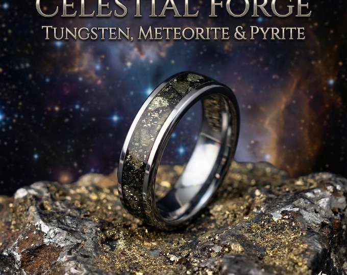 6mm Tungsten Band with Pyrite & Muonionalusta Meteorite Inlay • Men's or Women's Unique Wedding Ring • Cosmic Mineral Jewelry | Decazi
