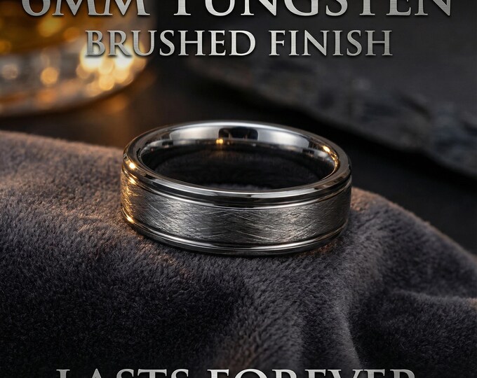 6mm Silver Tungsten Carbide Ring with a brushed/unpolished center- rough silver ring | Decazi