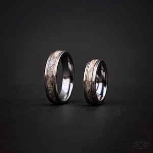 Mens Wedding Rings with Dinosaur Bone and Muonionalusta Meteorite, Customizable Personalized Handmade Jewelry | Decazi