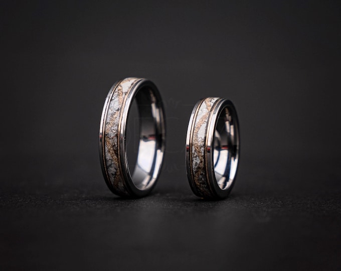 Mens Wedding Rings with Dinosaur Bone and Muonionalusta Meteorite, Customizable Personalized Handmade Jewelry | Decazi