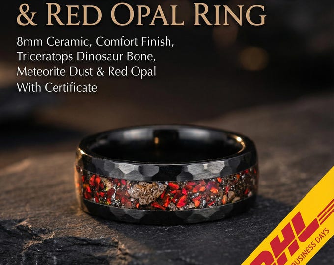 Black ceramic hammered ring with red opal and dinosaur bone fragments | Decazi
