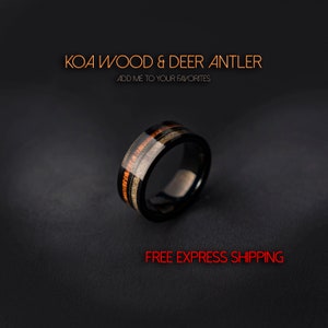 Koa Ring with deer antler, Black Tungsten Ring, Hawaiian Wood Ring, Matte Black Ring, Wood Engagement Ring, Wedding Ring, Ring for Men.