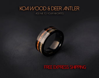 Koa Ring with deer antler, Black Tungsten Ring, Hawaiian Wood Ring, Matte Black Ring, Wood Engagement Ring, Wedding Ring, Ring for Men.
