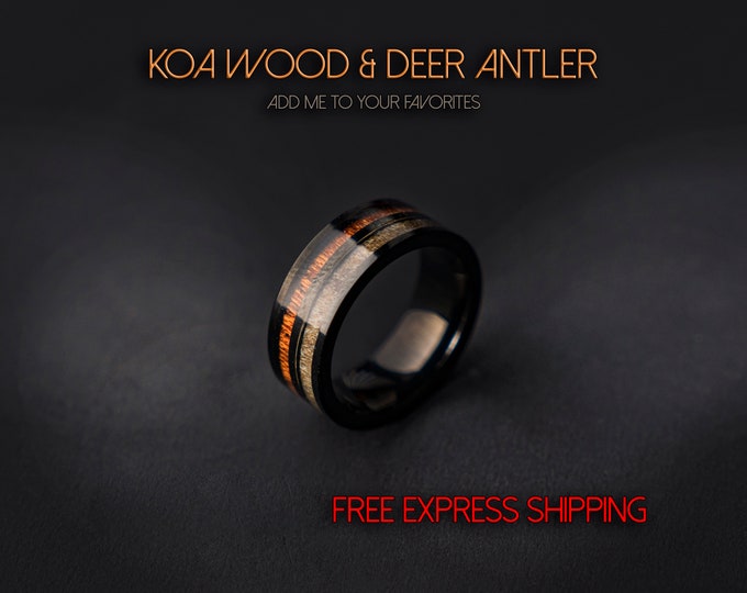 Black tungsten ring with Deer antler & KOA wood, cool mens ring, Black tungsten ring men, black ring men, black tungsten band | Decazi