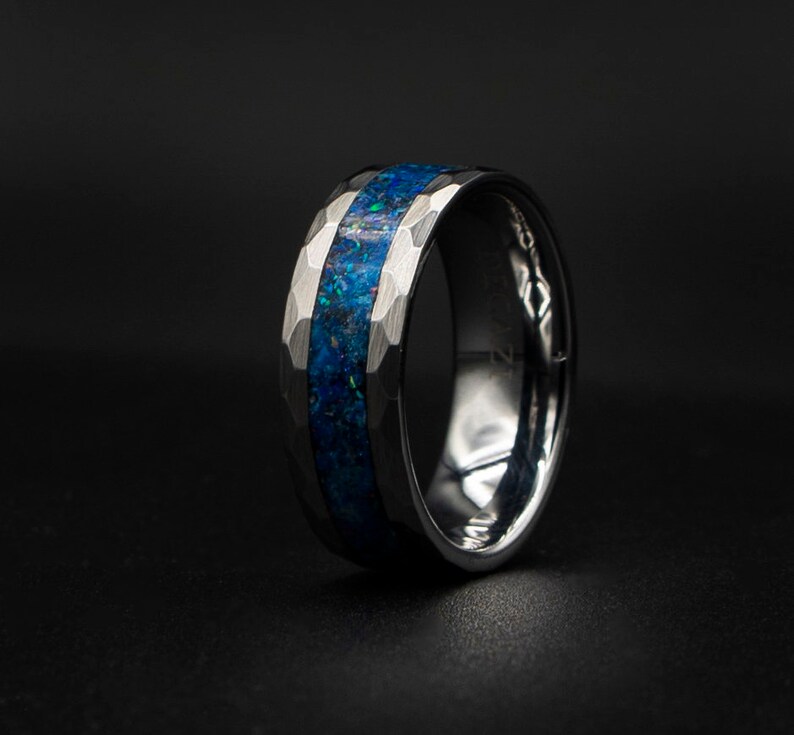 Hand Hammered Tungsten Opal Inlay Wedding Band Custom Wedding Ring Unique Wedding Band Galaxy Glowstone Ring Unique Galaxy Ring