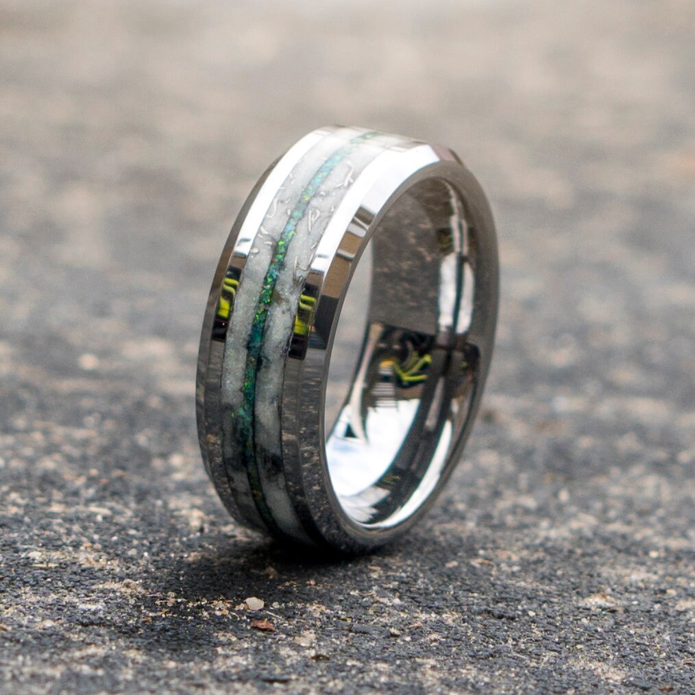 Tungsten opal ring with meteorite and blue opal. tungsten wedding band. Mens wedding band