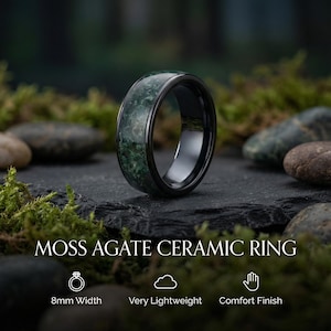 Black ceramic Moss Agate Ring for men, Nature-Inspired Wedding Band.