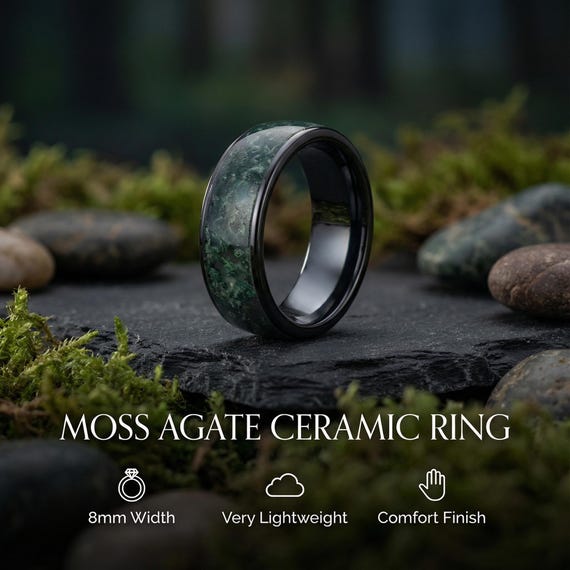 Black Ceramic Moss Agate Ring for Men, Nature-inspired Wedding